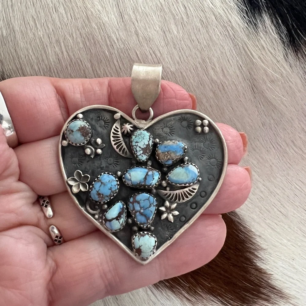 ❤️ Huge Golden Hills Turquoise Navajo Style Matte Sterling Heart Pendant 2.23”L